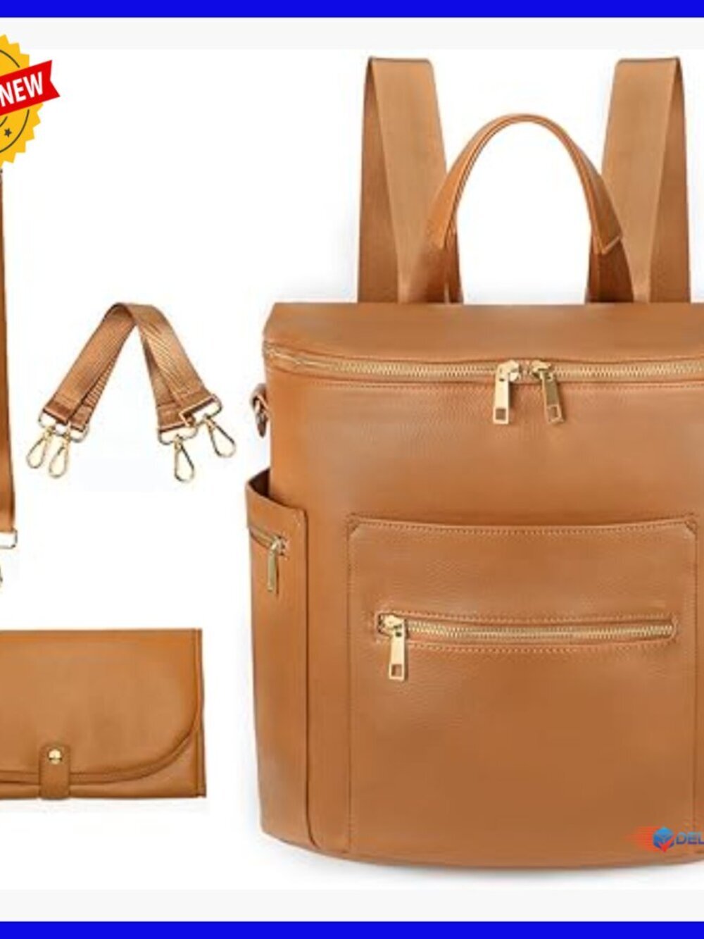 Large Leather Diaper Backpack with Laptop Sleeve & Changing Pad